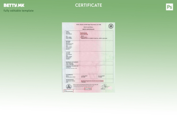 Модерен стил во Јужна Австралија Шаблон за извод од матична книга на родени во к